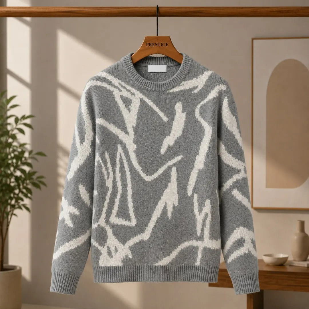 Abstract Brushstroke Intarsia Crew Neck Sweater