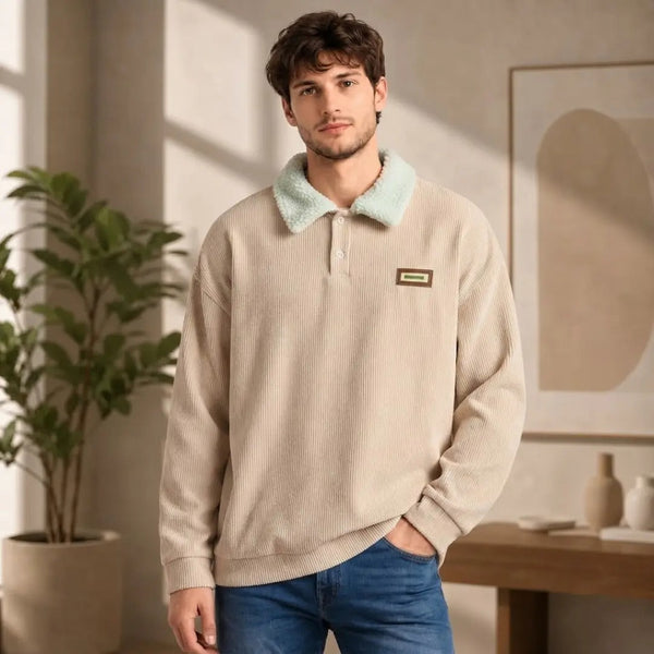 Men's Ribbed Polo Sweater with Contrast Sherpa Collar