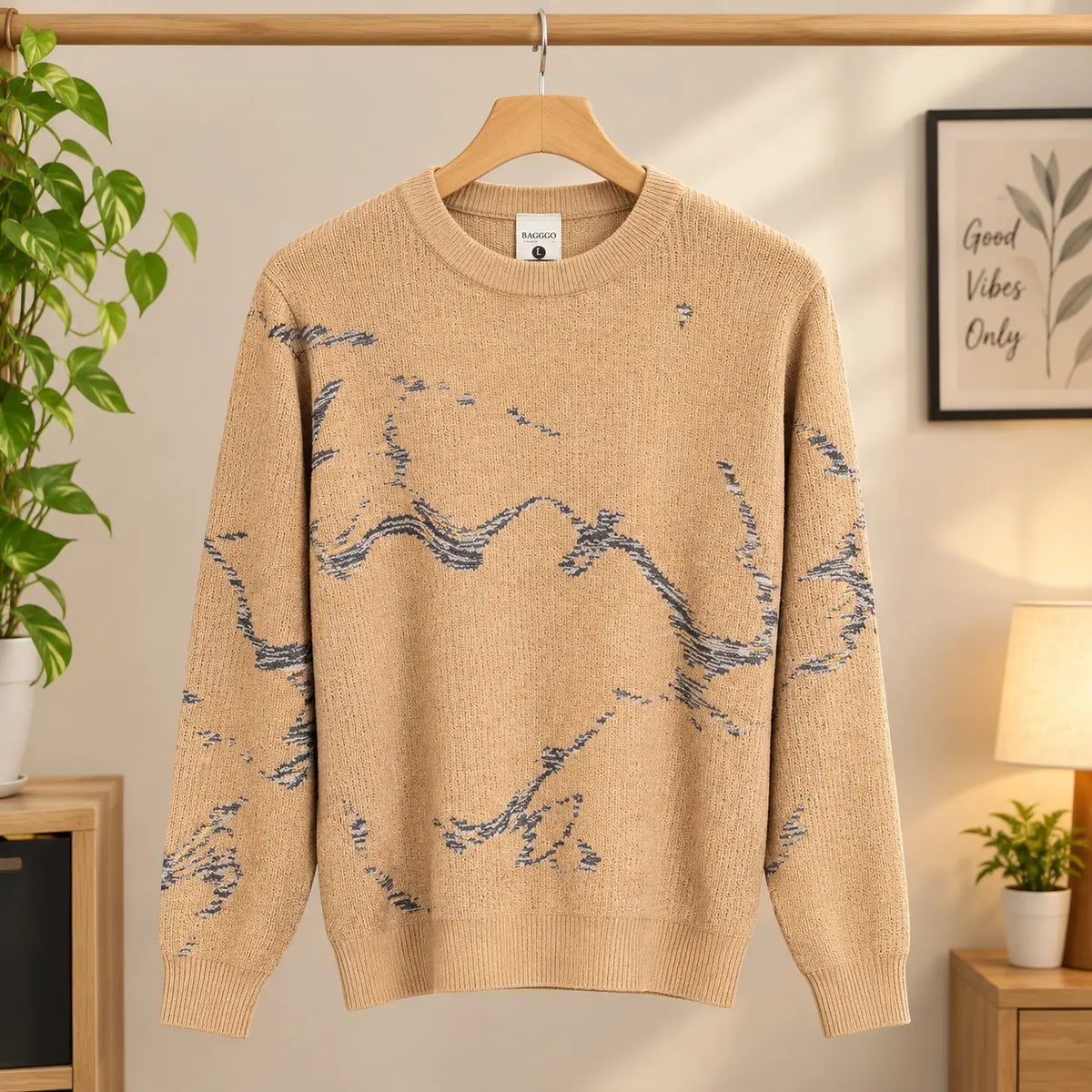 Men’s Beige Printed Crew Neck Sweater