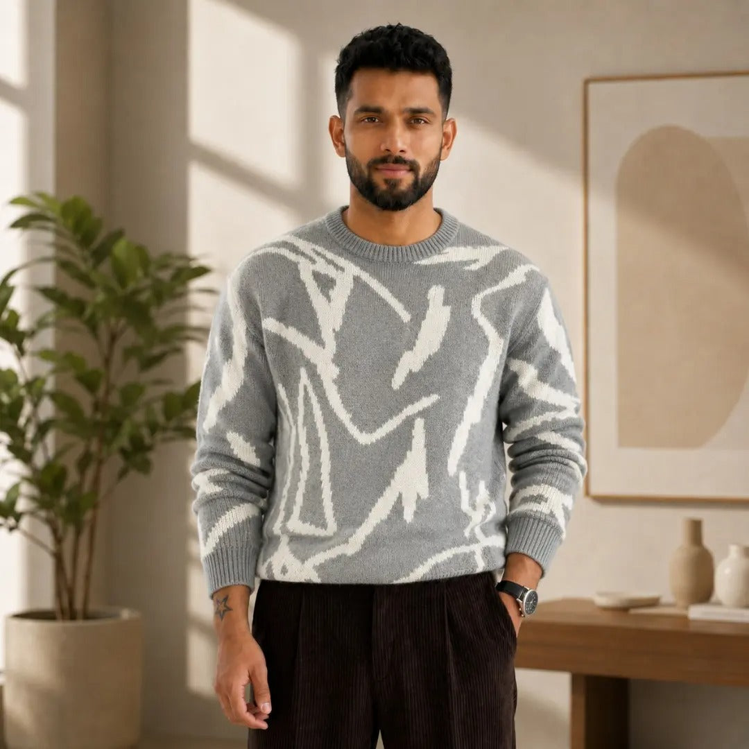 Abstract Brushstroke Intarsia Crew Neck Sweater