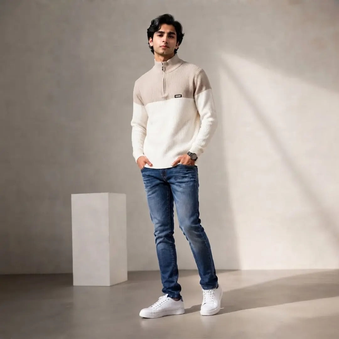 Men's Colorblock Half-Zip Ribbed Sweater