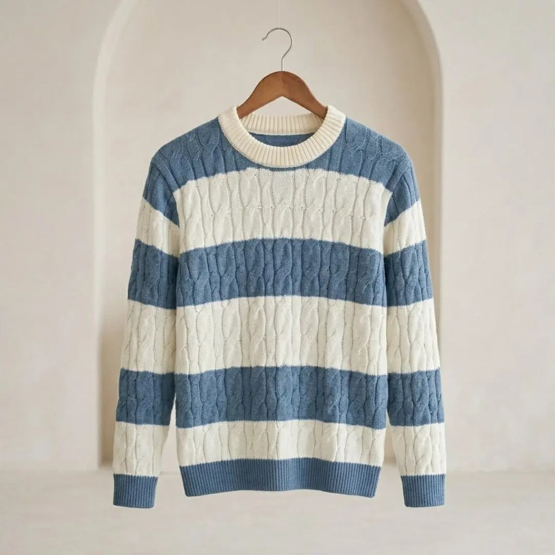 Cable-Knit Striped Crew Neck Sweater