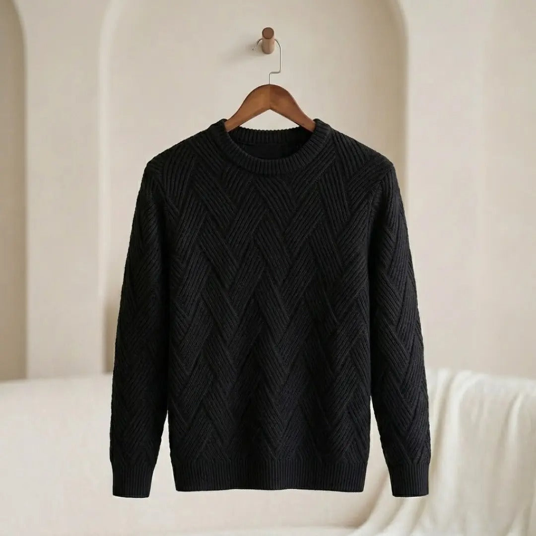 Chevron Textured Black Crew Neck Sweater