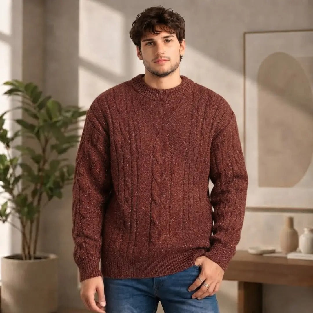 Men's Brown Cable-Knit Crewneck Sweater