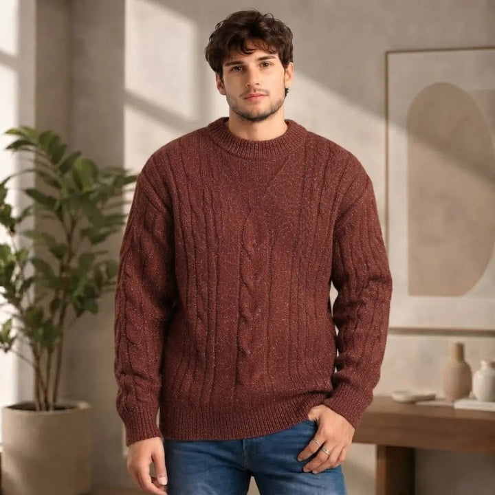 Men's Brown Cable-Knit Crewneck Sweater