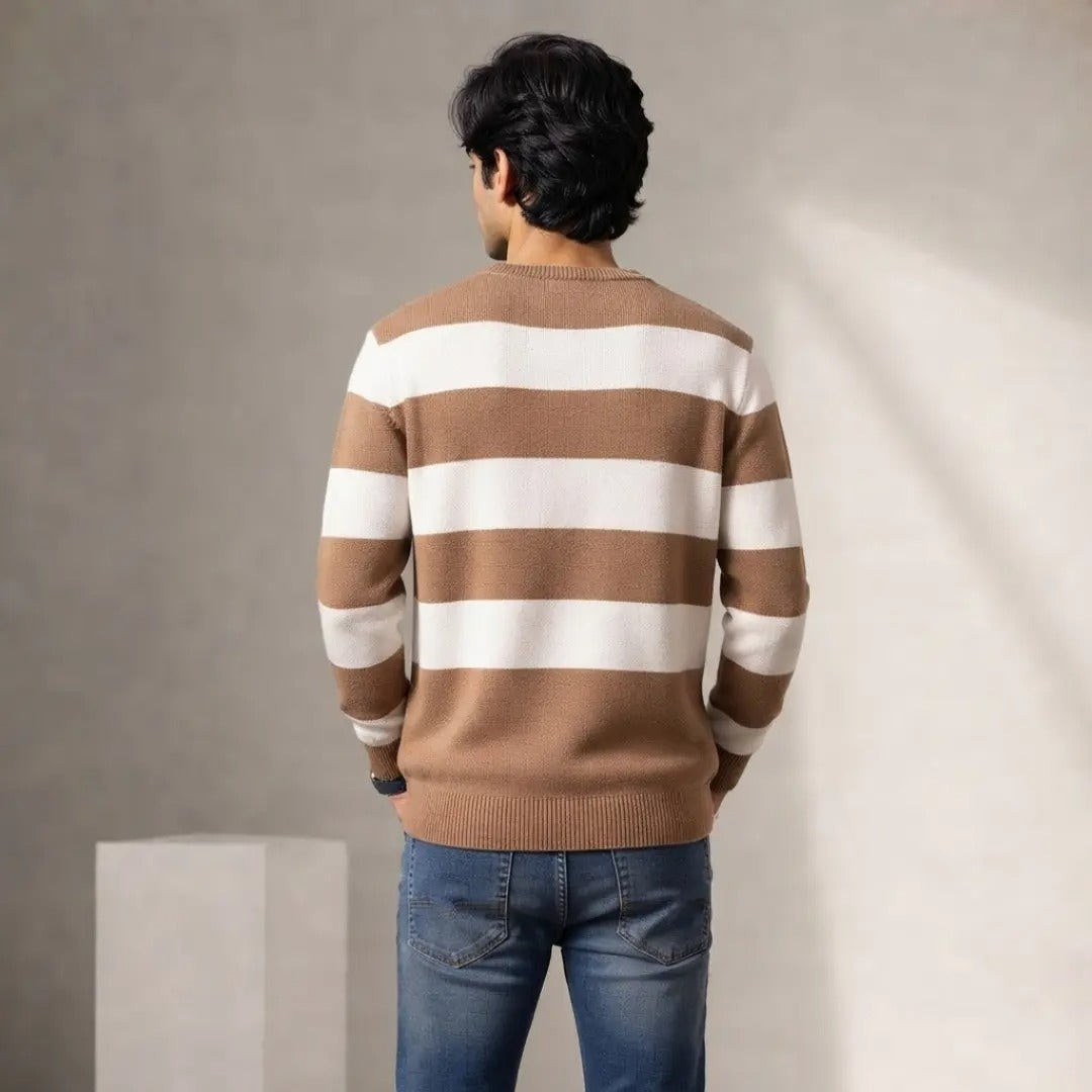 Men's Brown and White Striped Crewneck Sweater