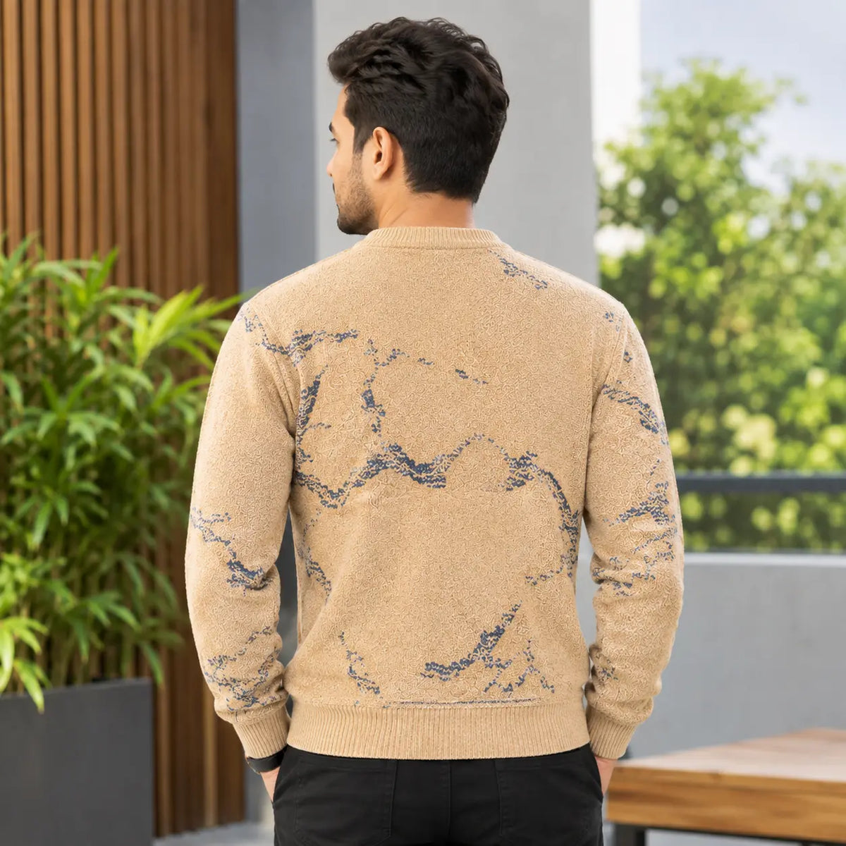 Men’s Beige Printed Crew Neck Sweater