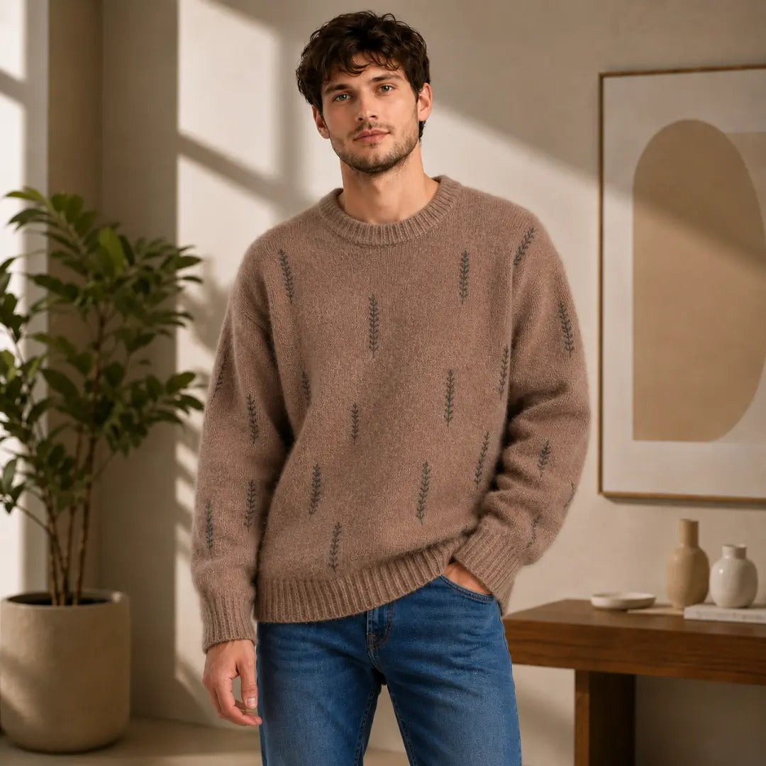 Men's Brown Embroidered Crewneck Sweater