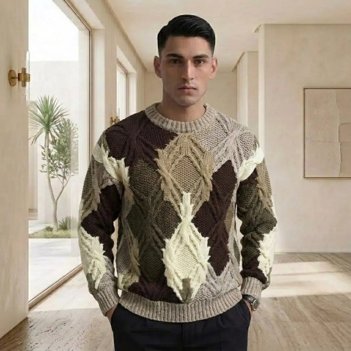 Argyle Cable-Knit Crew Neck Sweater