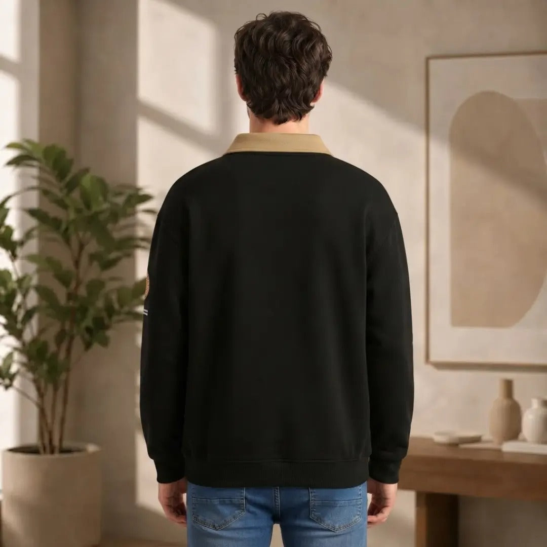Men's Black and Khaki Varsity Quarter-Zip Sweatshirt
