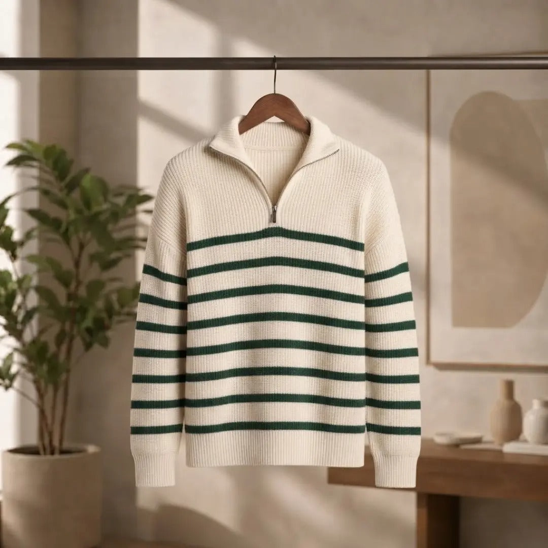 Men's Striped Quarter-Zip Ribbed Sweater