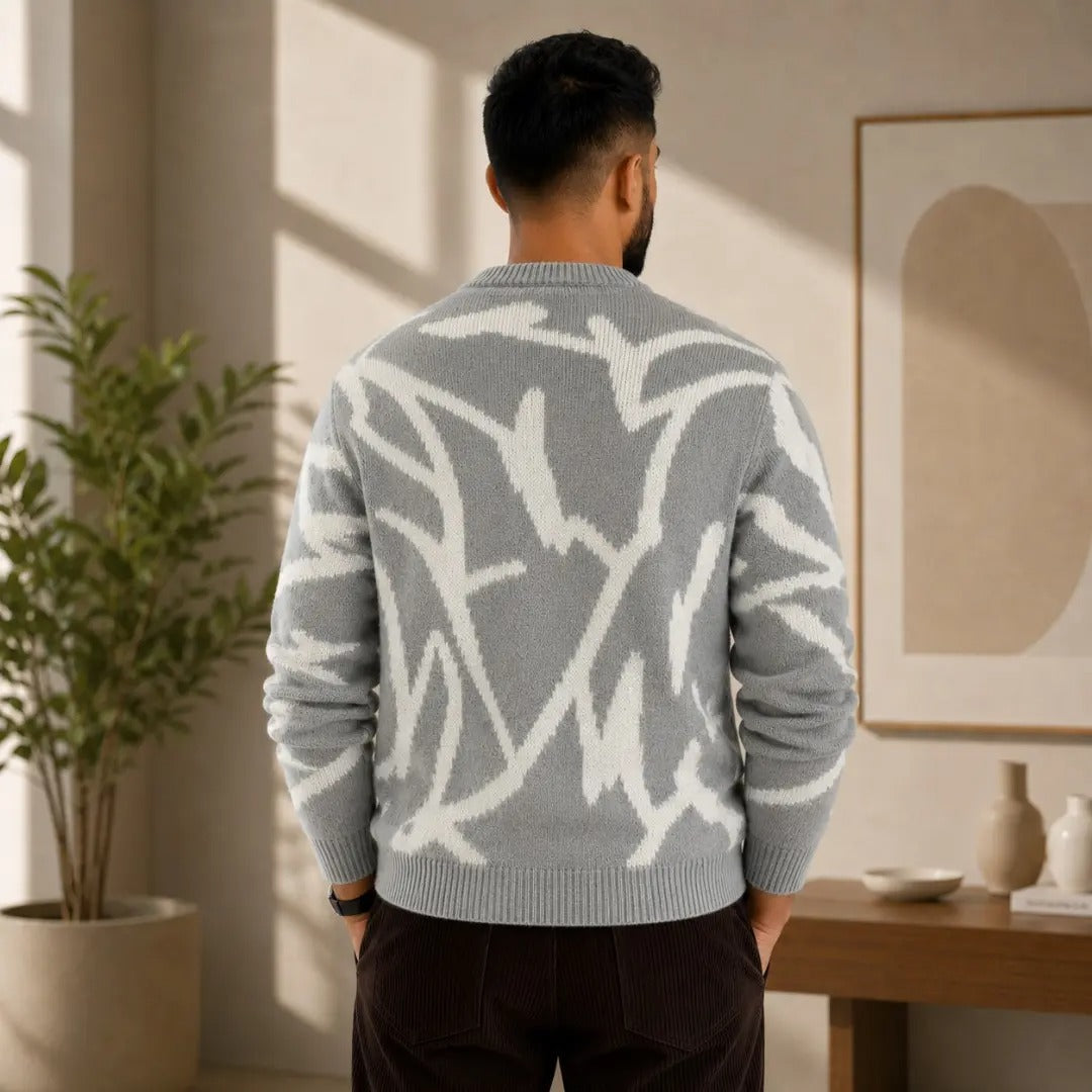 Abstract Brushstroke Intarsia Crew Neck Sweater