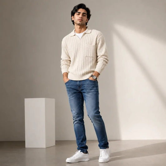 Men's Off-White Ribbed Polo Sweater