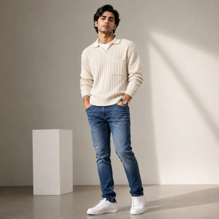 Men's Off-White Ribbed Polo Sweater