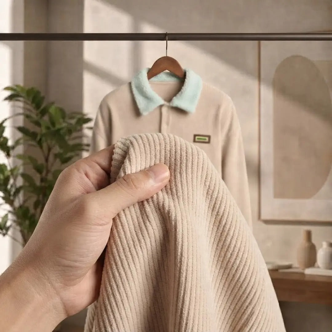 Men's Ribbed Polo Sweater with Contrast Sherpa Collar