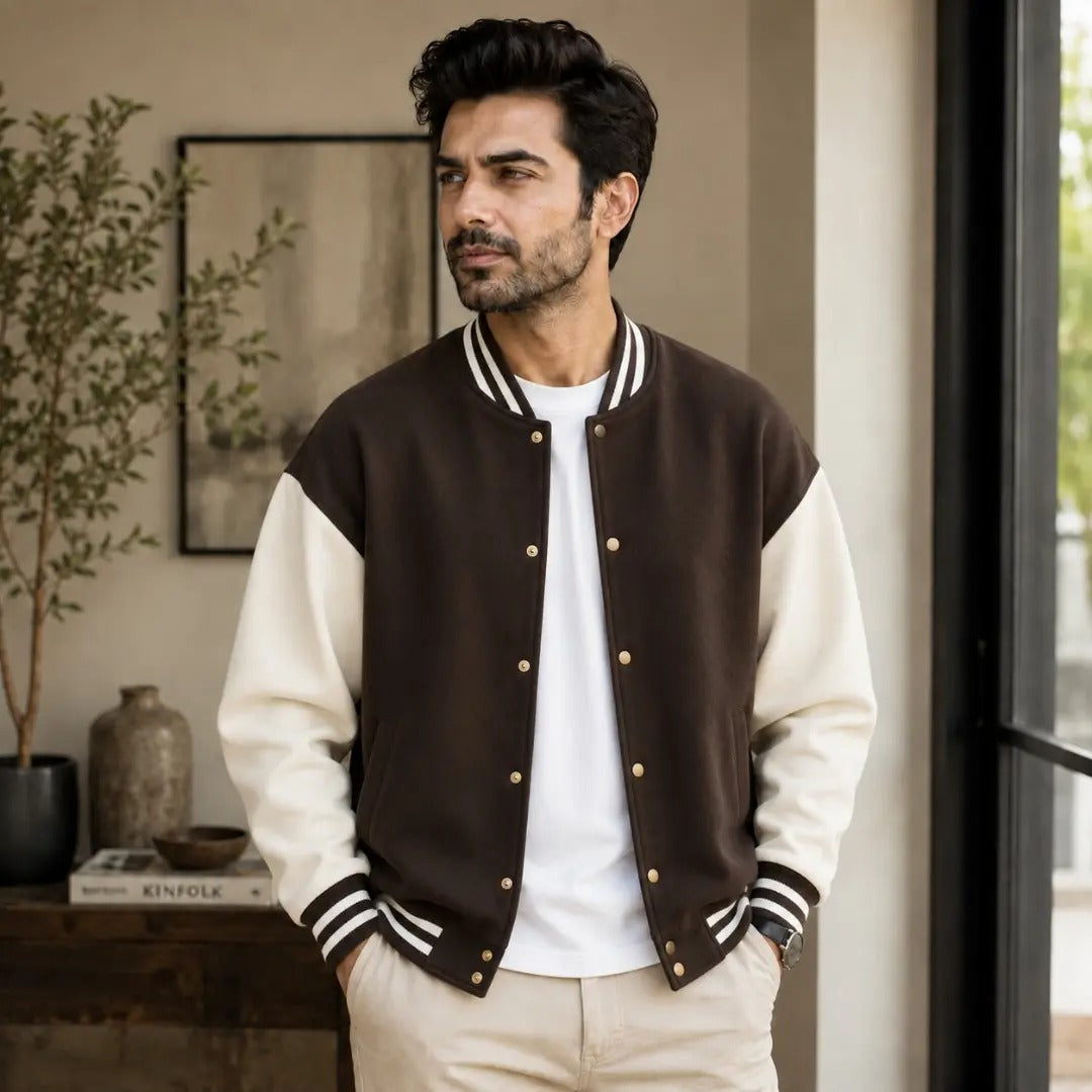 Brown & Off-White Color-Block Varsity Jacket