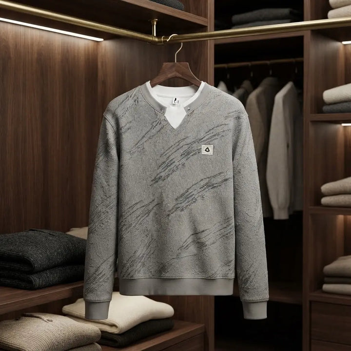 Men's Grey Textured Crewneck Sweatshirt with White V-Neck