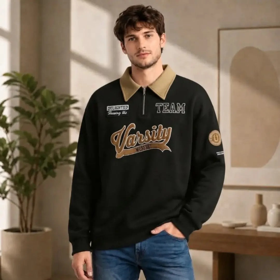 Men's Black and Khaki Varsity Quarter-Zip Sweatshirt