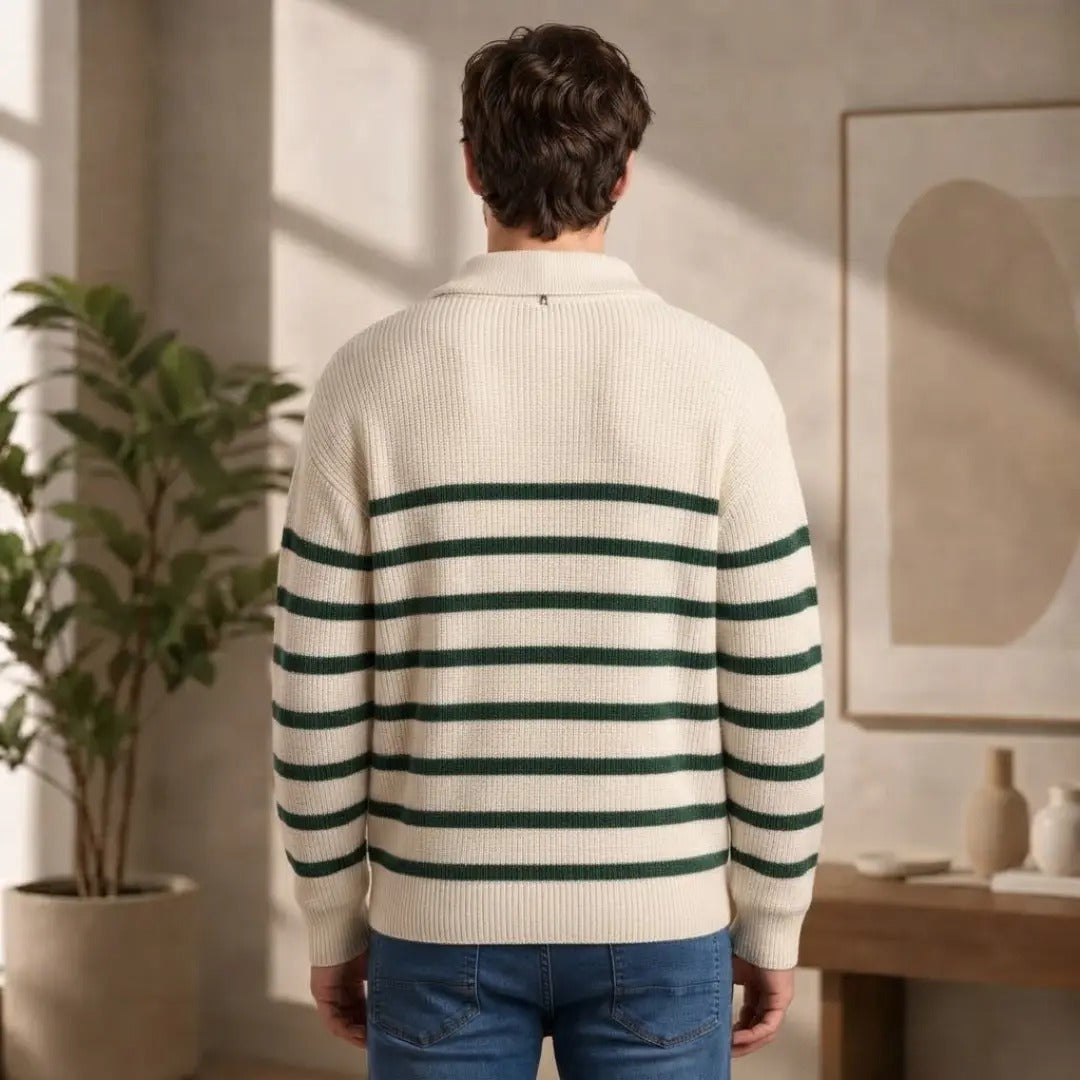 Men's Striped Quarter-Zip Ribbed Sweater