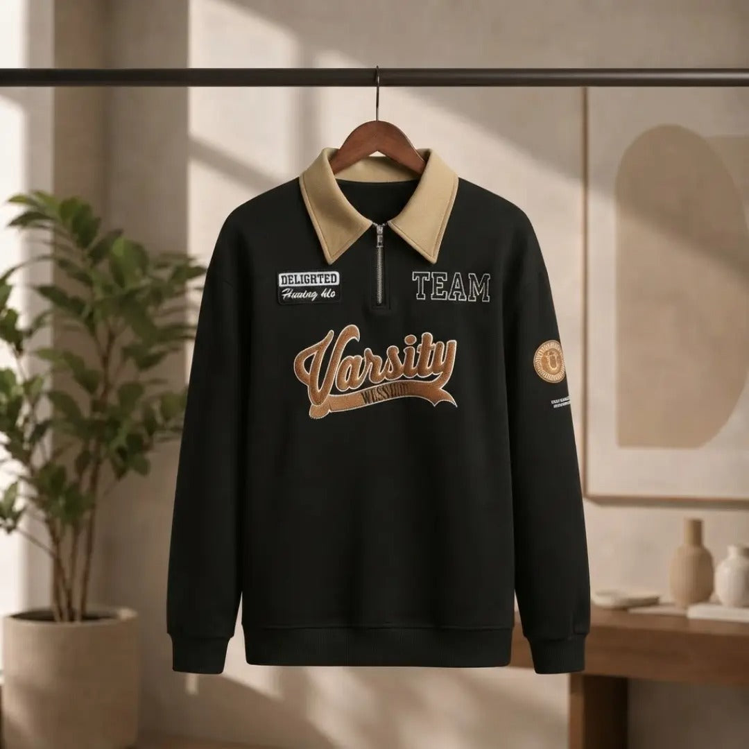 Men's Black and Khaki Varsity Quarter-Zip Sweatshirt