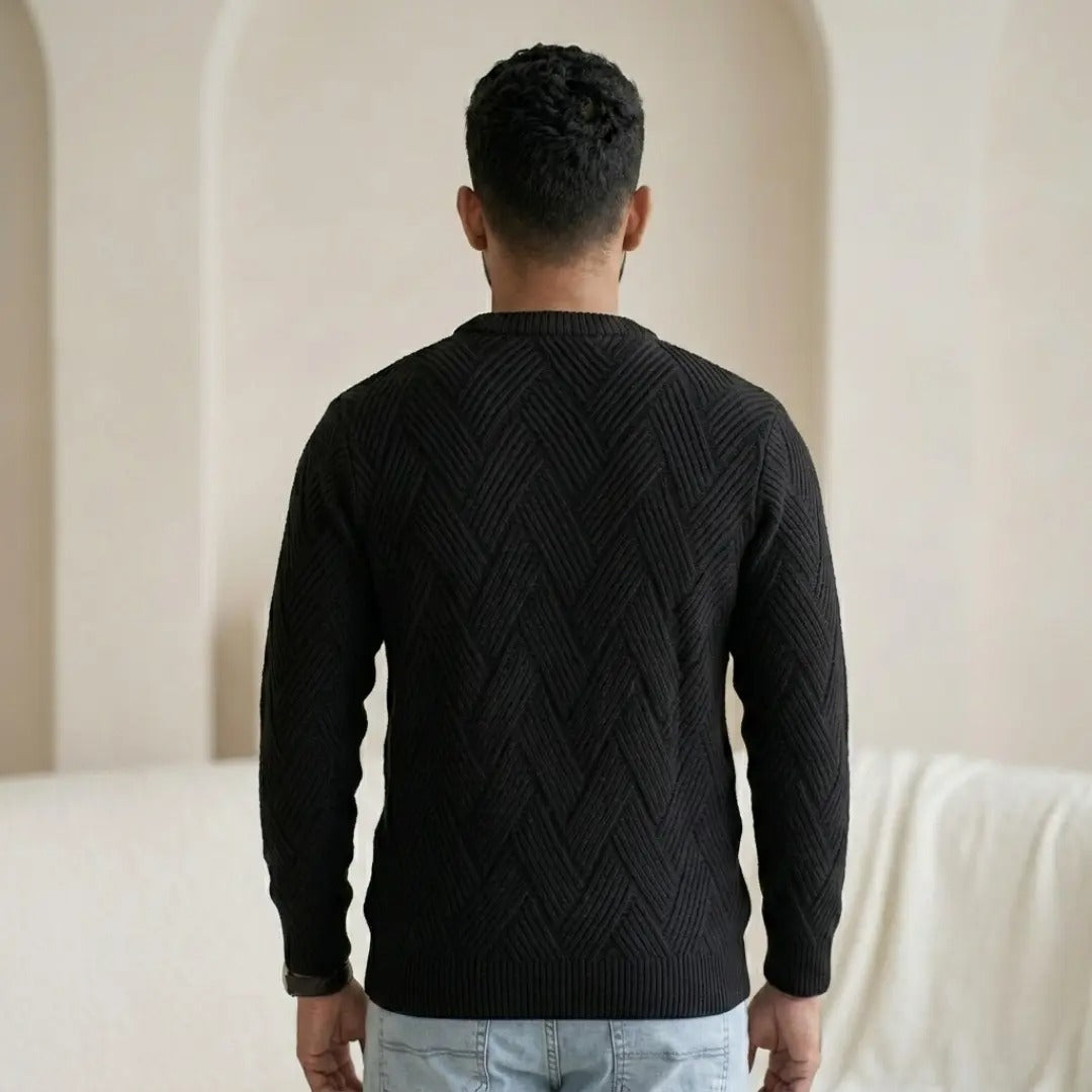 Chevron Textured Black Crew Neck Sweater
