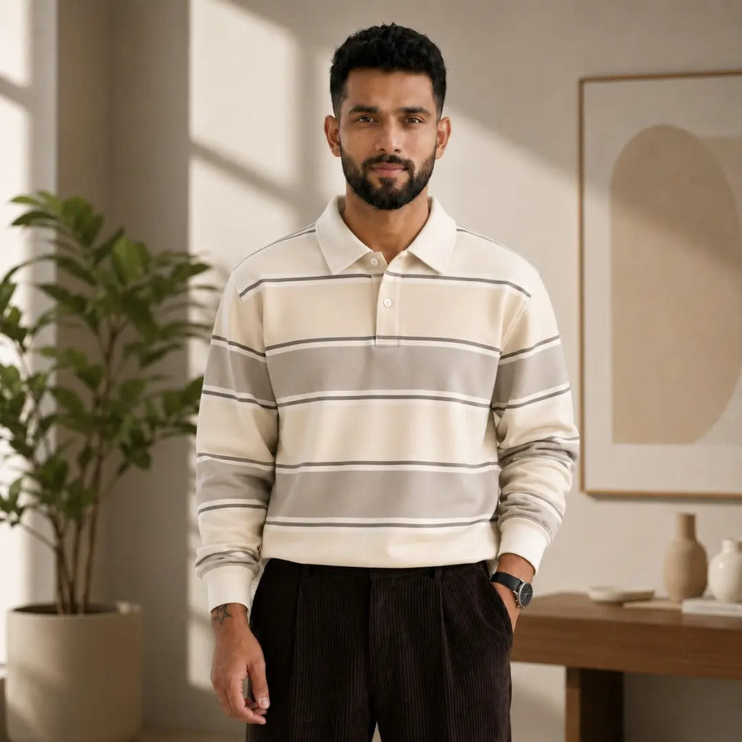 Neutral Striped Knit Polo Sweater