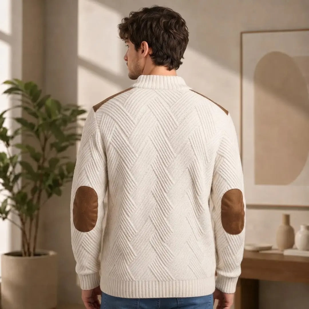 Men's Off-White Textured Pullover with Suede Patches