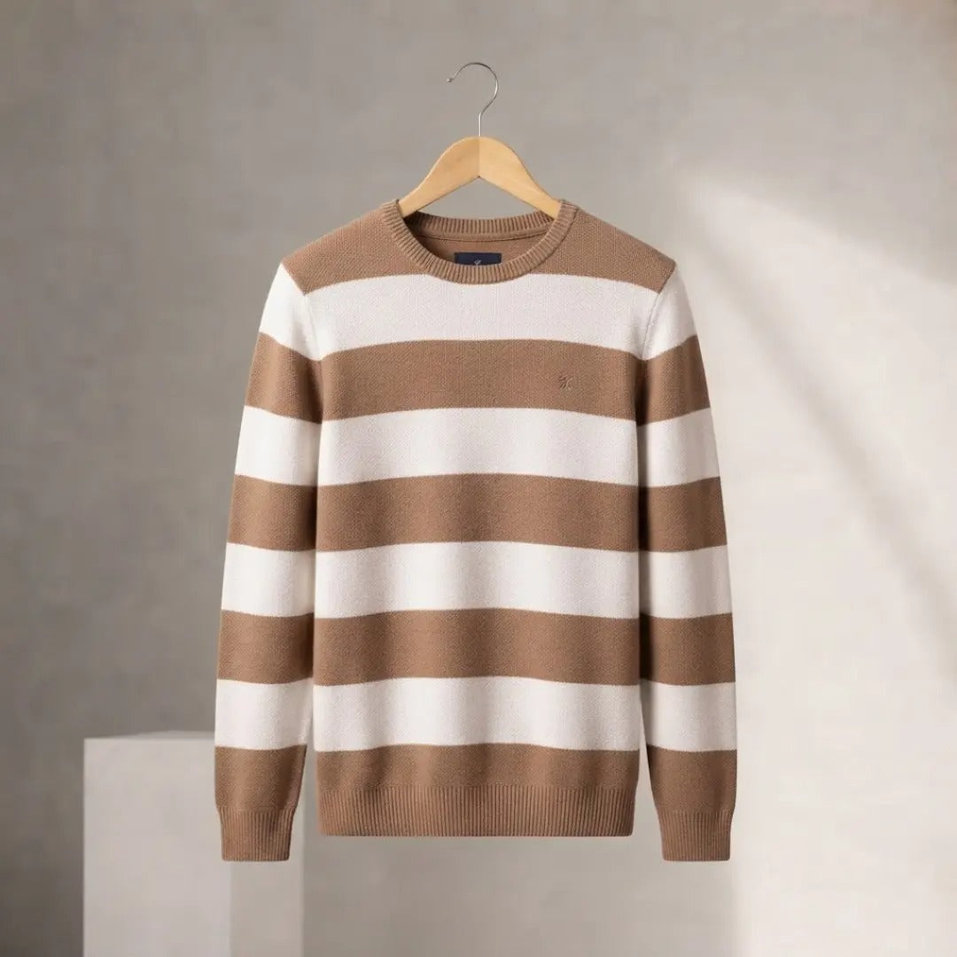 Men's Brown and White Striped Crewneck Sweater