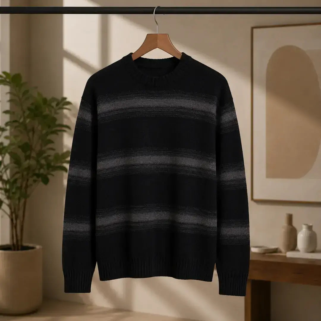 Men's Black and Gray Striped Crewneck Sweater