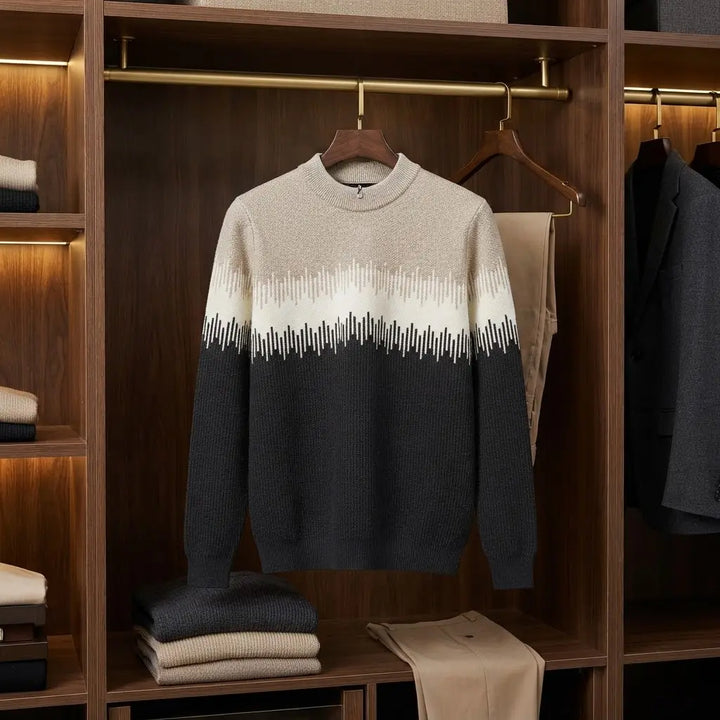 Men's Beige & Grey Ombre Patterned Knit Mock Neck Sweater