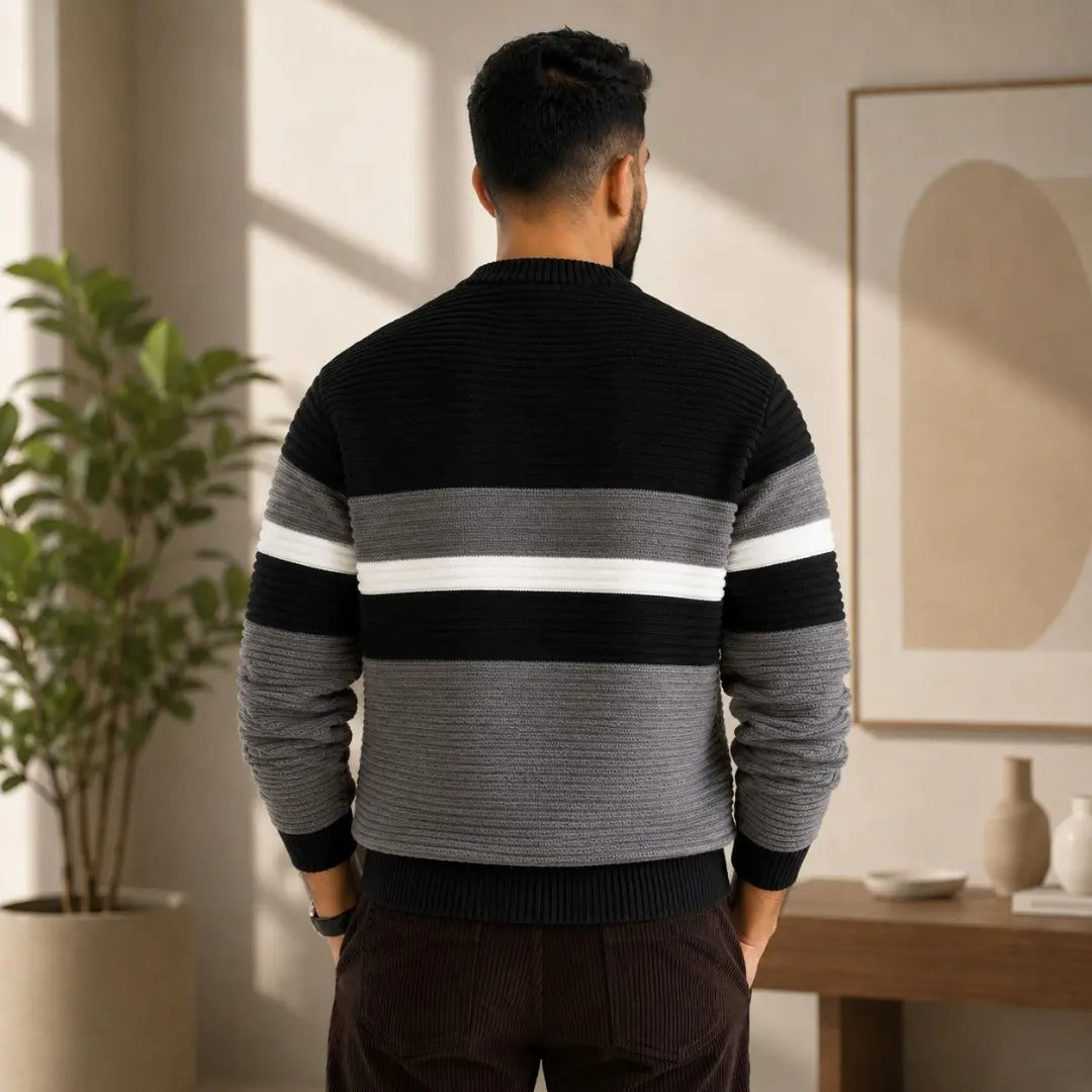 Ribbed Striped Crew Neck Sweater