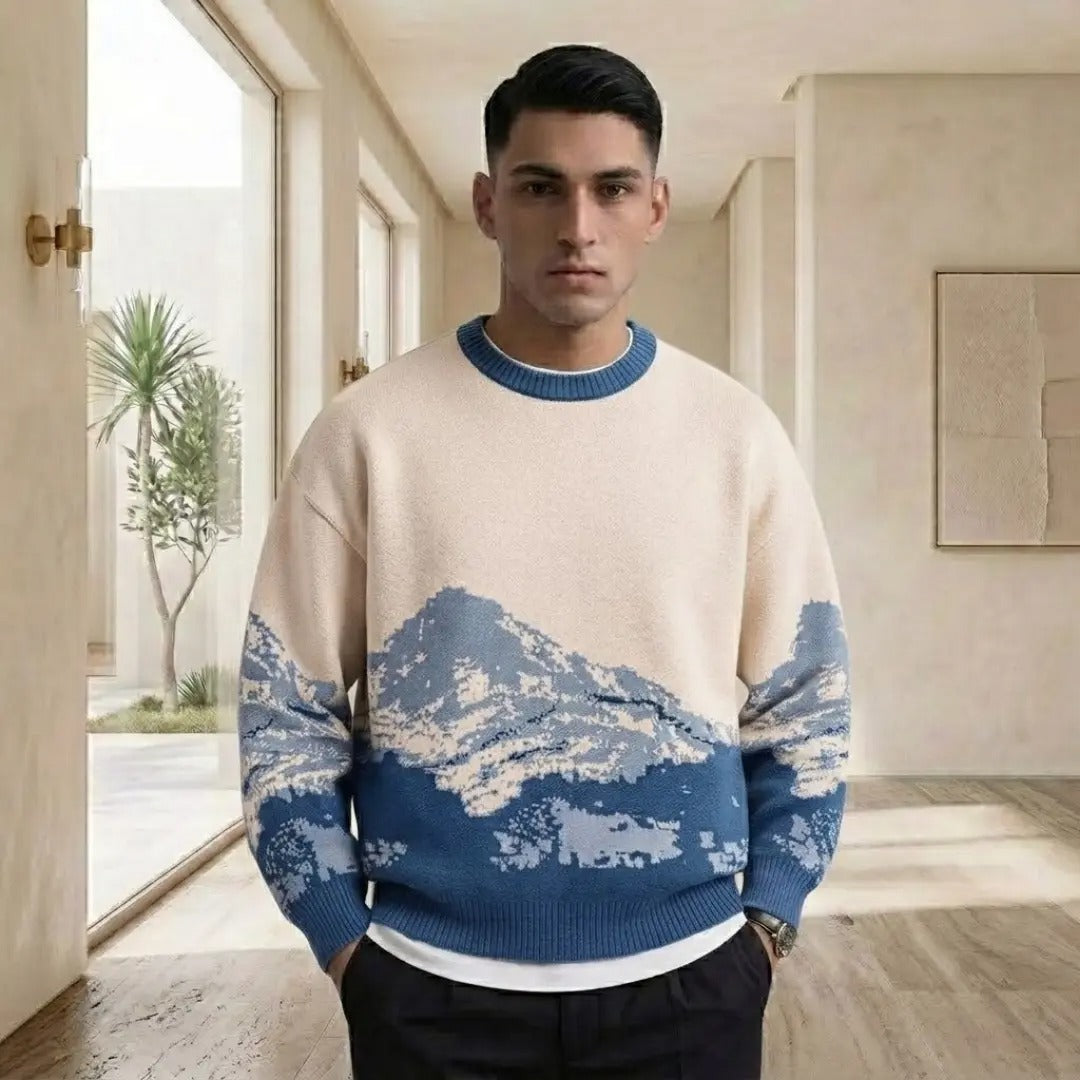 Mountain Landscape Knit Crew Neck Sweater
