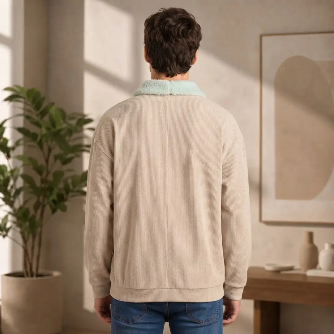 Men's Ribbed Polo Sweater with Contrast Sherpa Collar