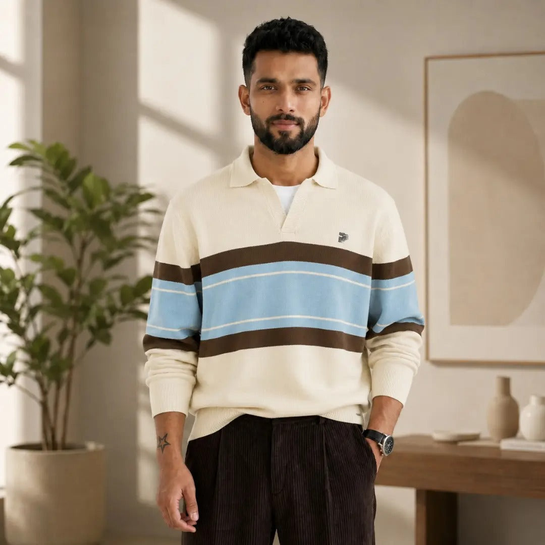 Colorblock Striped Knit Polo Sweater