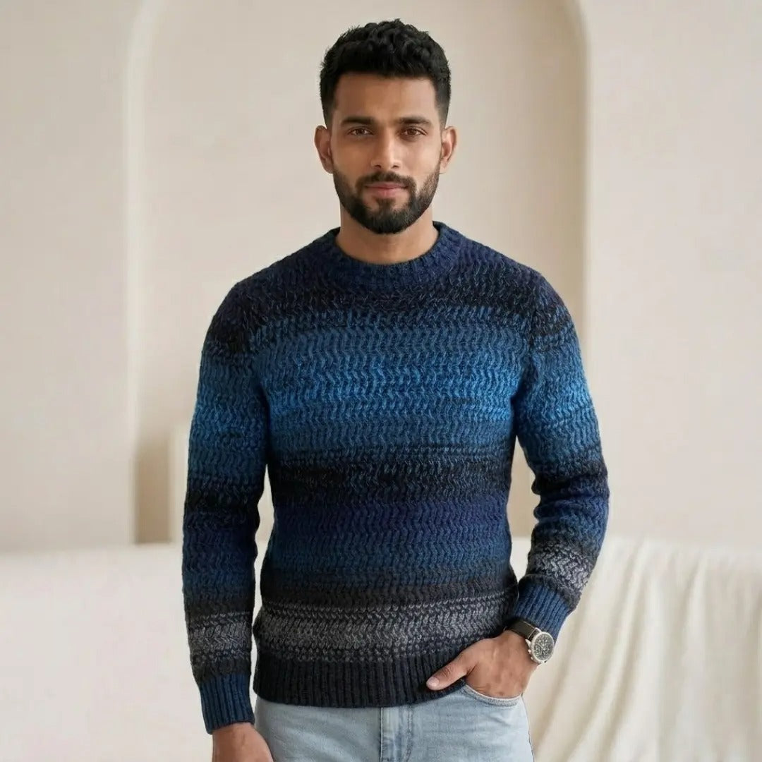 Textured Blue Ombré Crew Neck Sweater