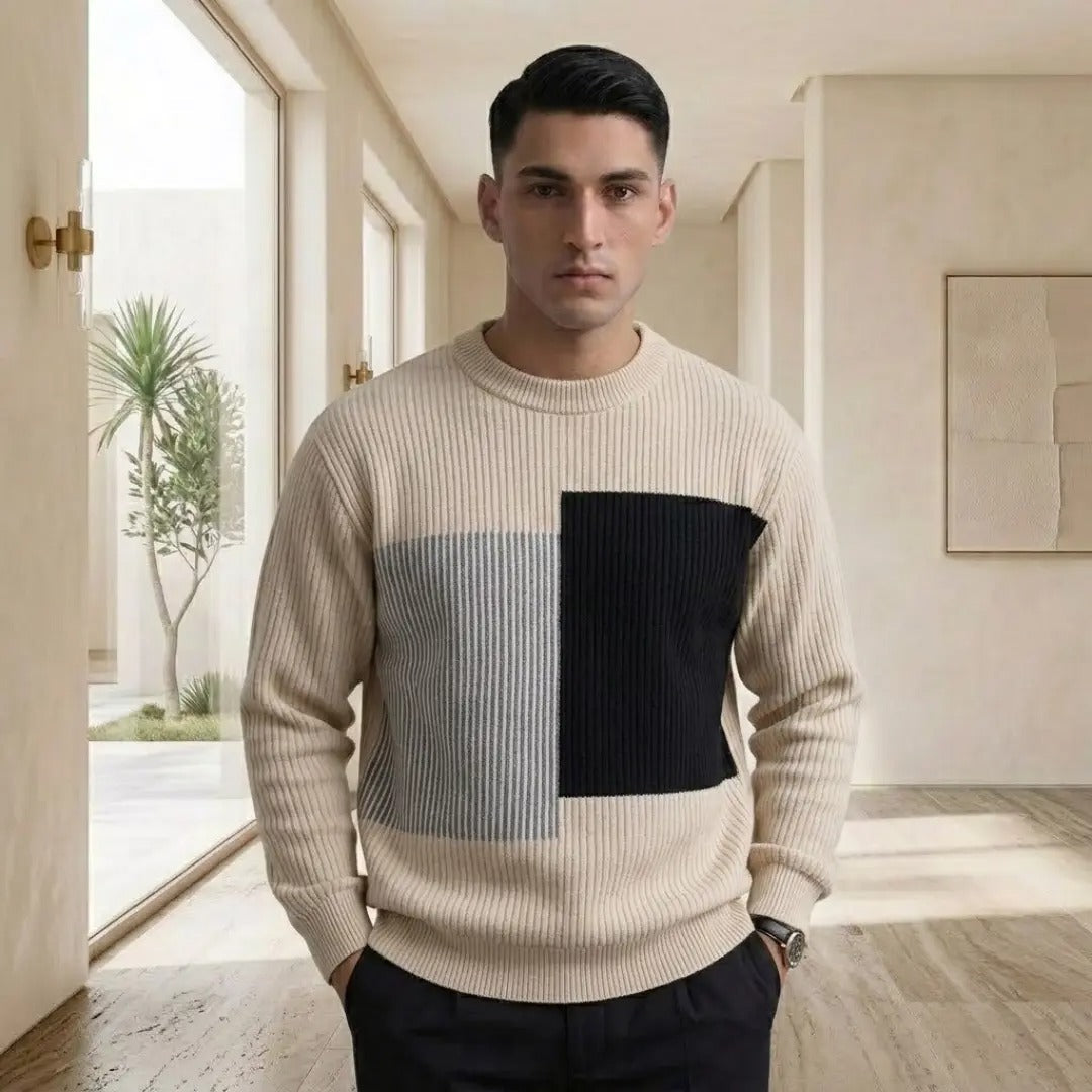 Color-Block Paneled Ribbed Knit Crew Neck Sweater