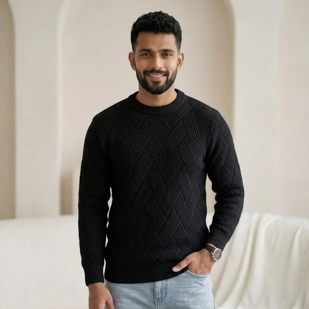 Chevron Textured Black Crew Neck Sweater
