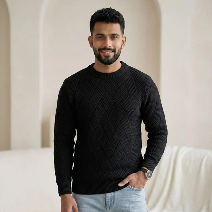 Chevron Textured Black Crew Neck Sweater