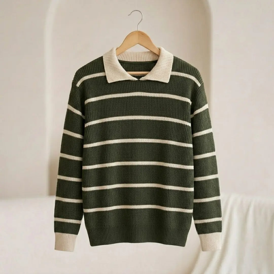 Striped Ribbed Knit Polo Sweater