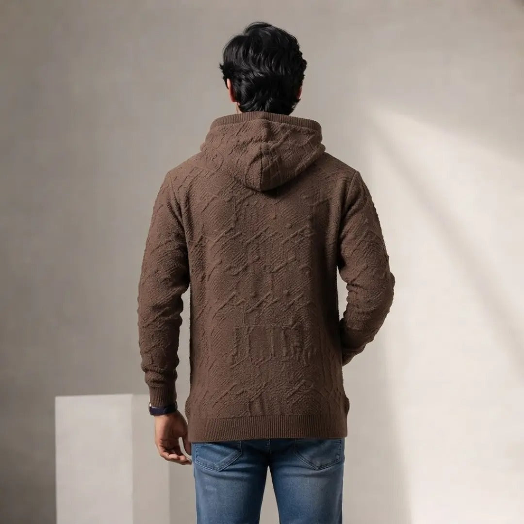 Men's Textured Brown Knit Hoodie