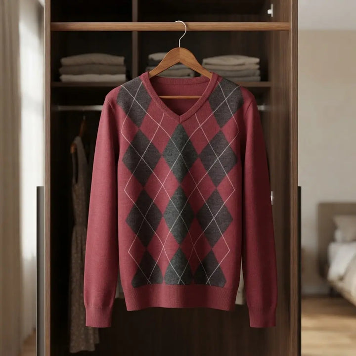 Argyle Pattern V-Neck Knit Sweater Shirt