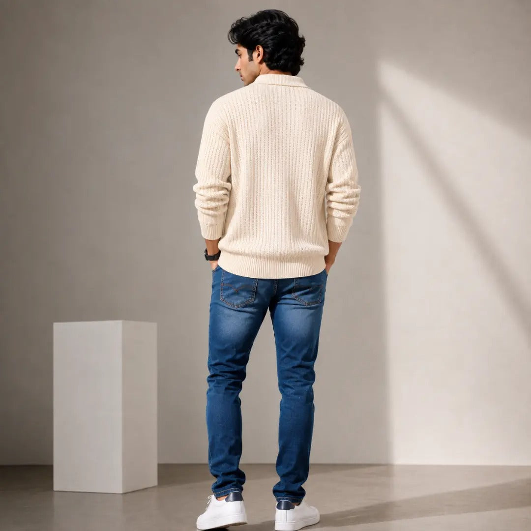 Men's Off-White Ribbed Polo Sweater