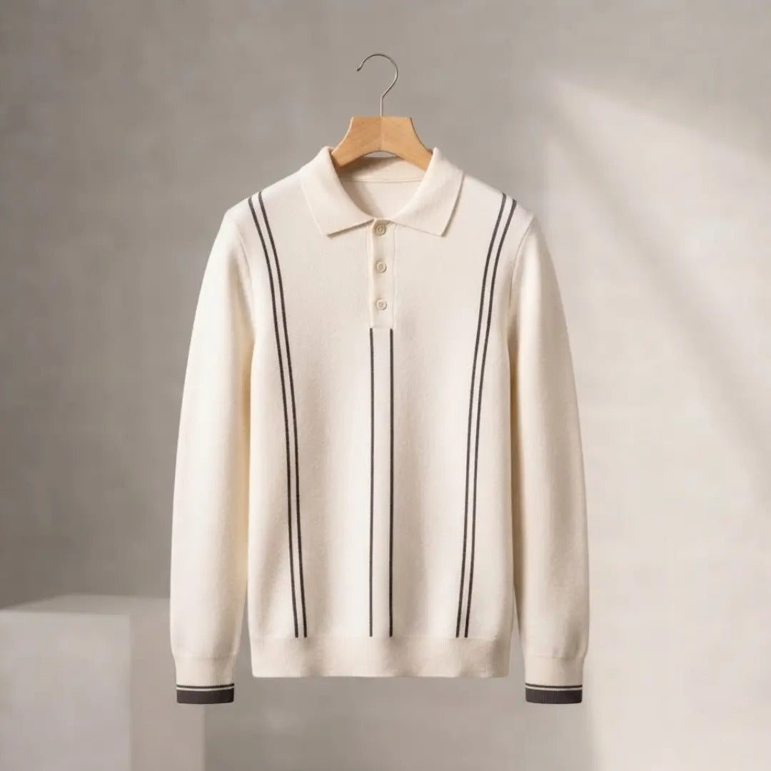 Men's Off-White Quarter-Zip Sweater with Piping