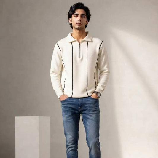 Men's Off-White Quarter-Zip Sweater with Piping