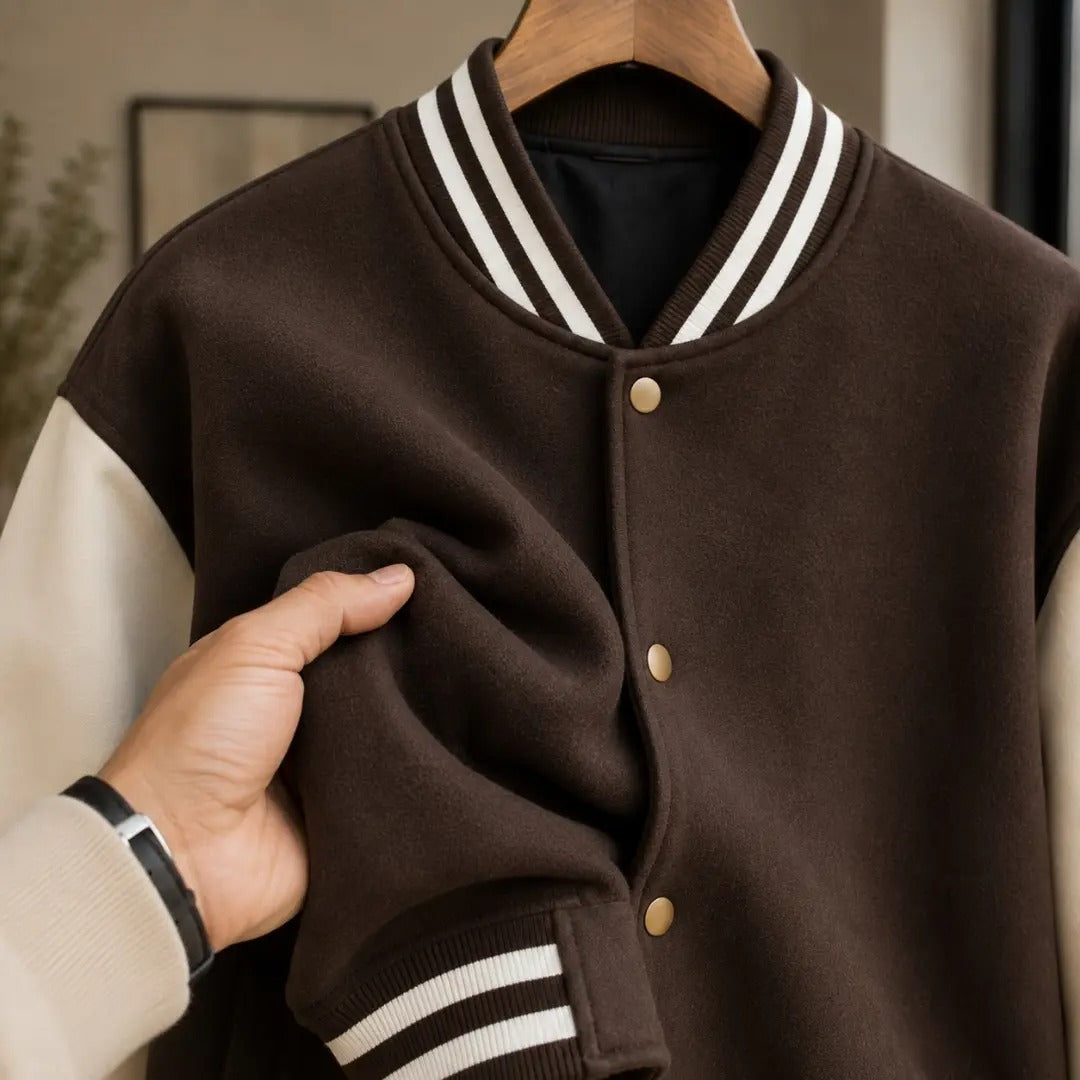 Brown & Off-White Color-Block Varsity Jacket