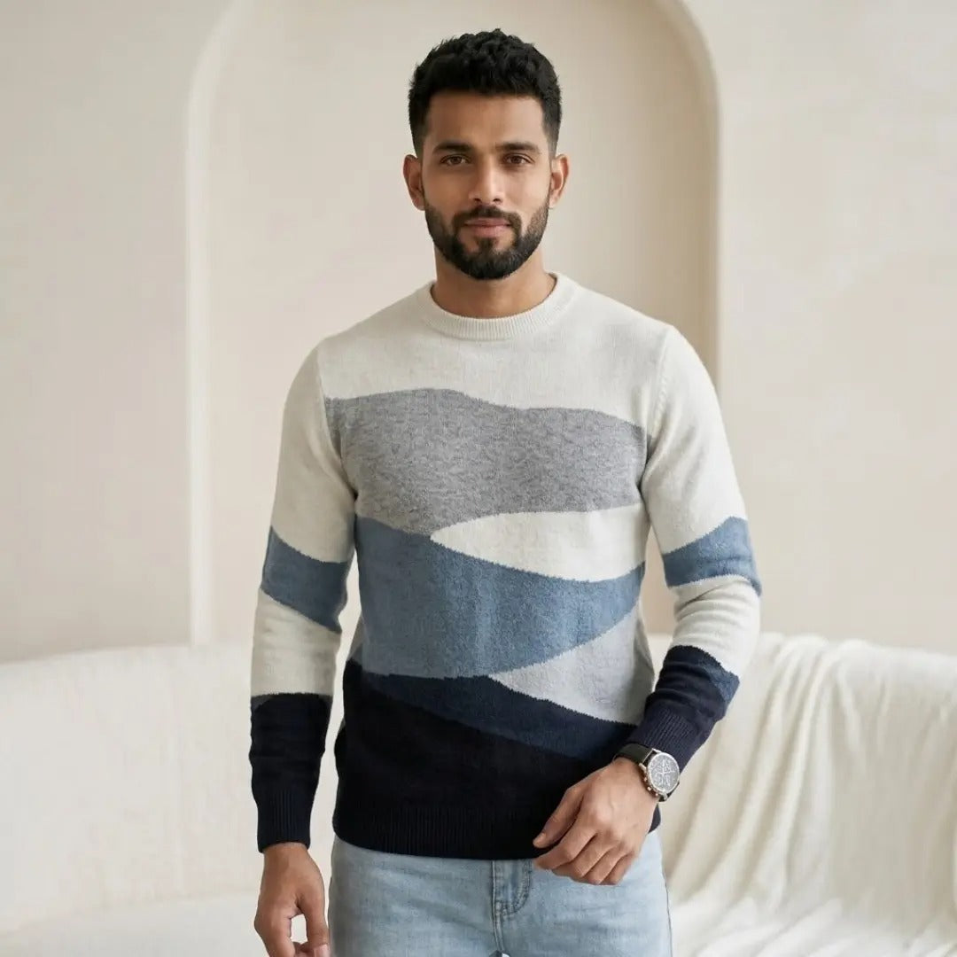 Abstract Landscape Intarsia Crew Neck Sweater