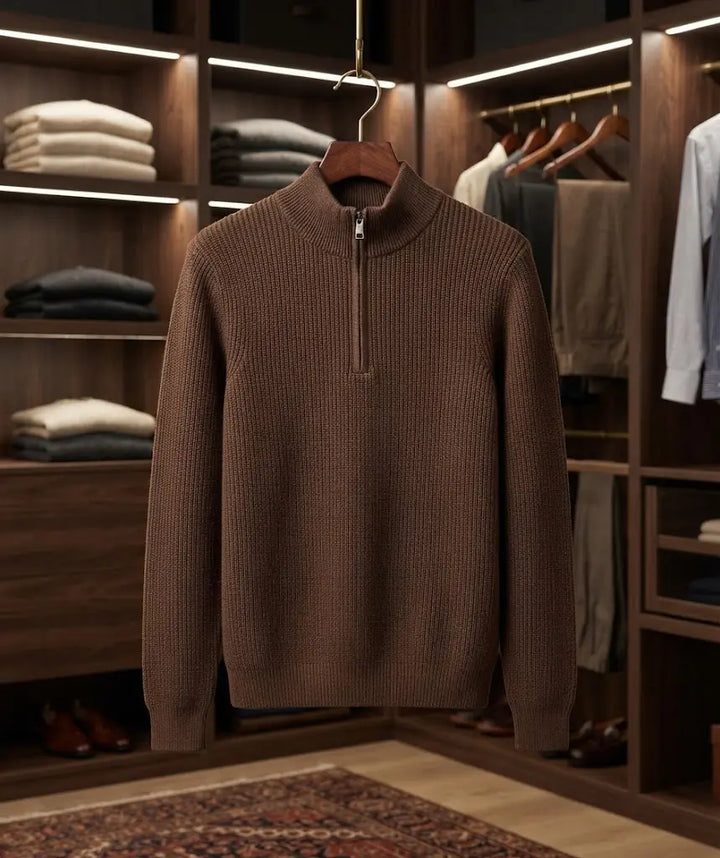 Brown Ribbed Half-Zip Mock Neck Sweater