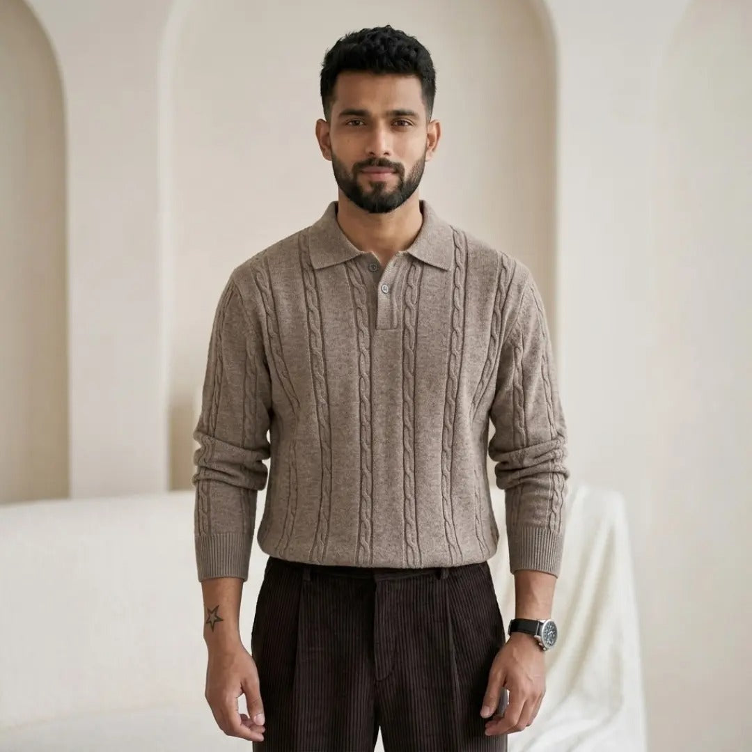 Cable-Knit Taupe Polo Sweater