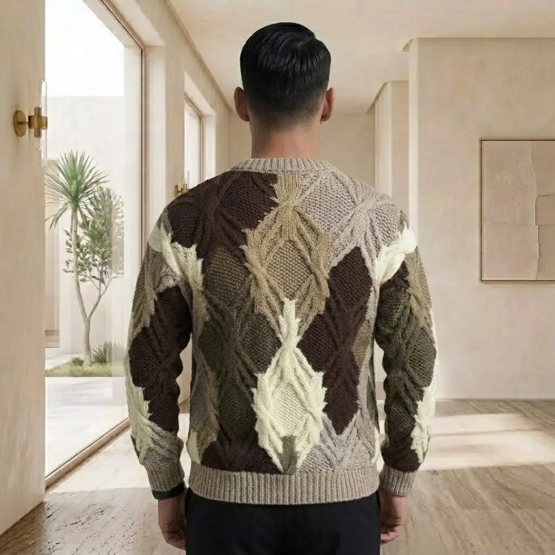 Argyle Cable-Knit Crew Neck Sweater