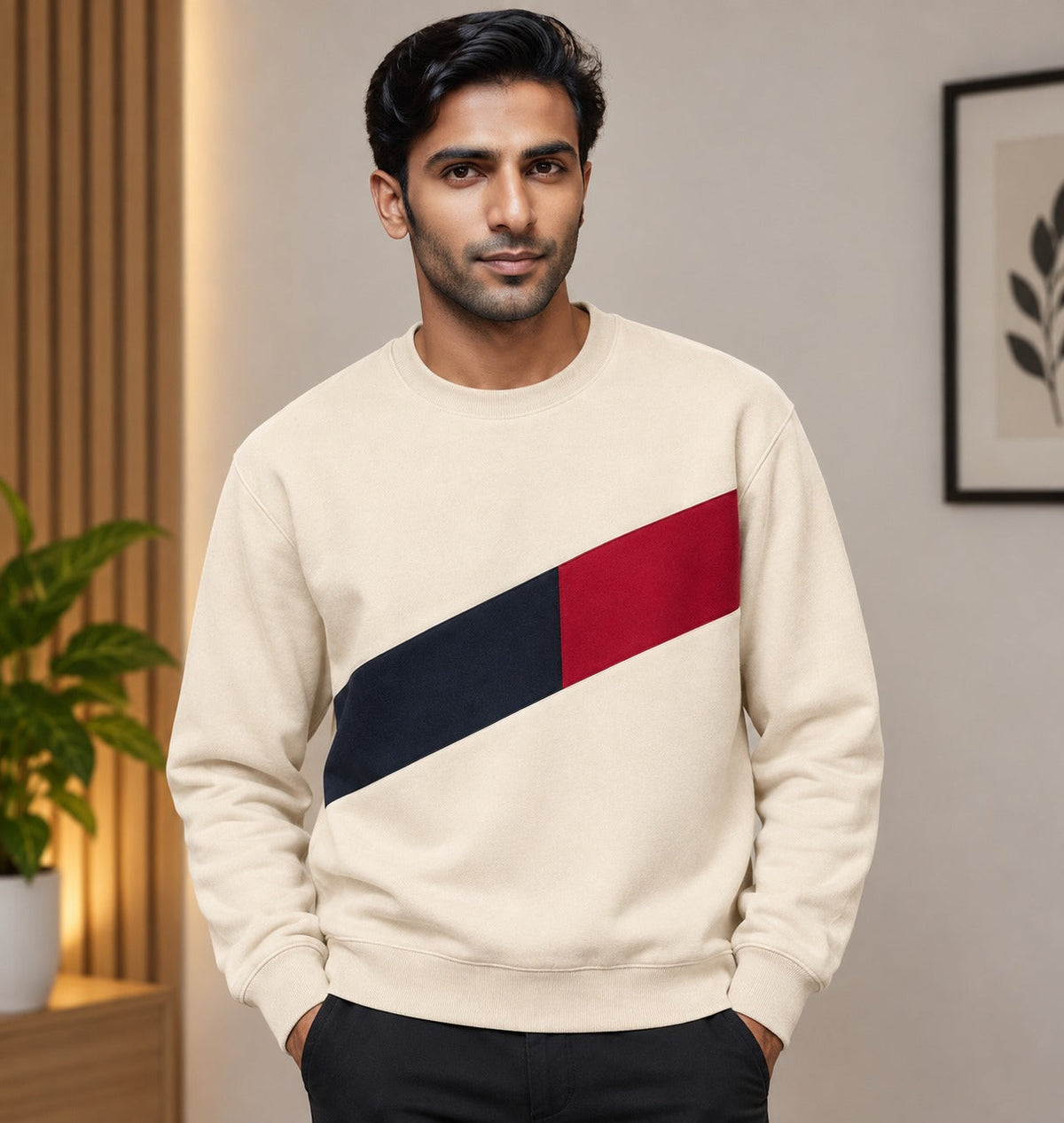 Men’s Cream & Navy Red Diagonal Color Block Sweatshirt